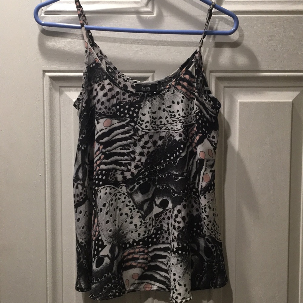 Multi colored butterfly rayon tank top.